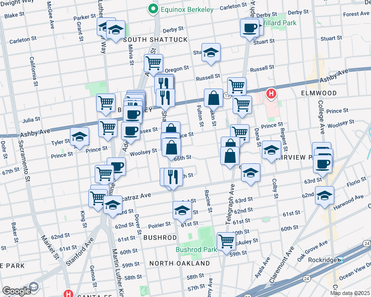 map of restaurants, bars, coffee shops, grocery stores, and more near 2122 Woolsey Street in Berkeley