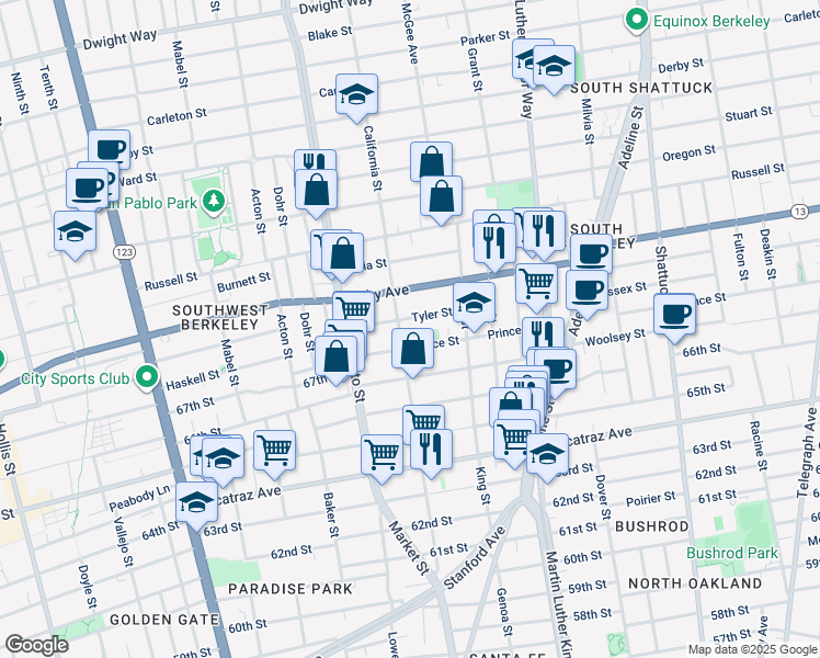 map of restaurants, bars, coffee shops, grocery stores, and more near 1546 Tyler Street in Berkeley