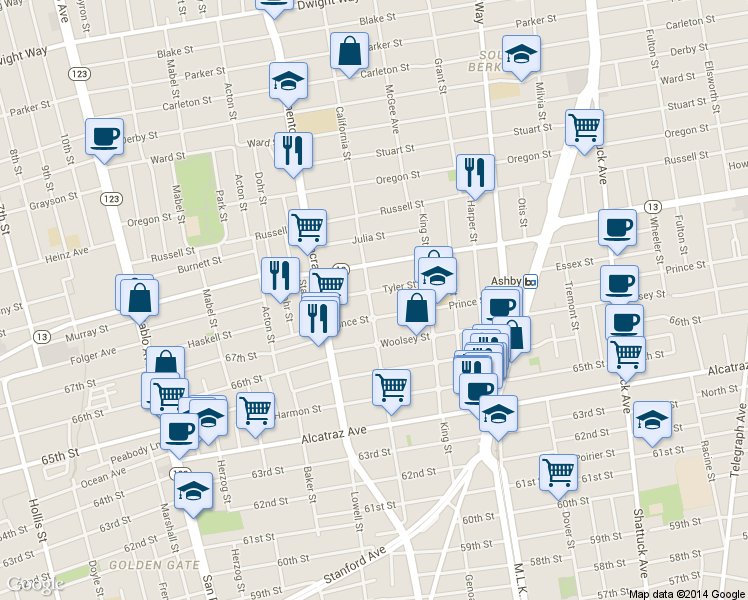 map of restaurants, bars, coffee shops, grocery stores, and more near 1546 Tyler Street in Berkeley