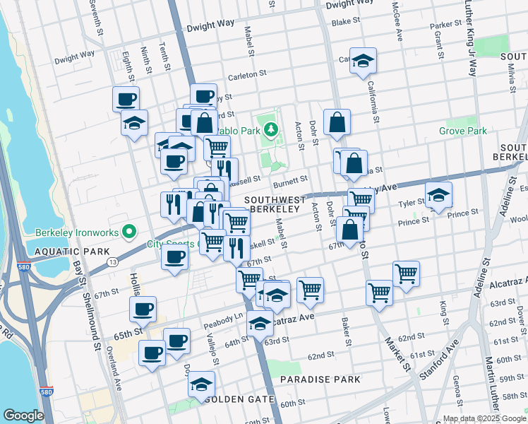 map of restaurants, bars, coffee shops, grocery stores, and more near 1246 Ashby Avenue in Berkeley