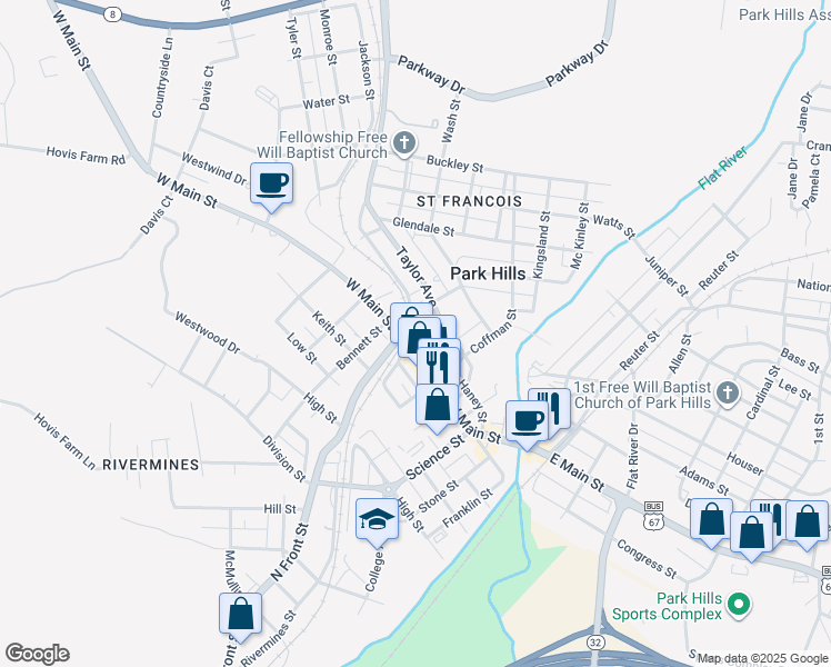 map of restaurants, bars, coffee shops, grocery stores, and more near 311 Taylor Avenue in Park Hills