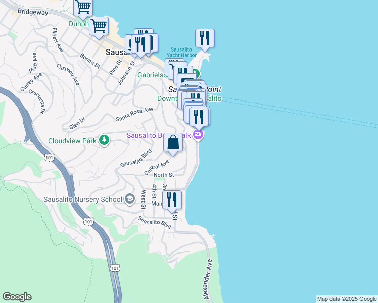 map of restaurants, bars, coffee shops, grocery stores, and more near 2 Bulkley Avenue in Sausalito