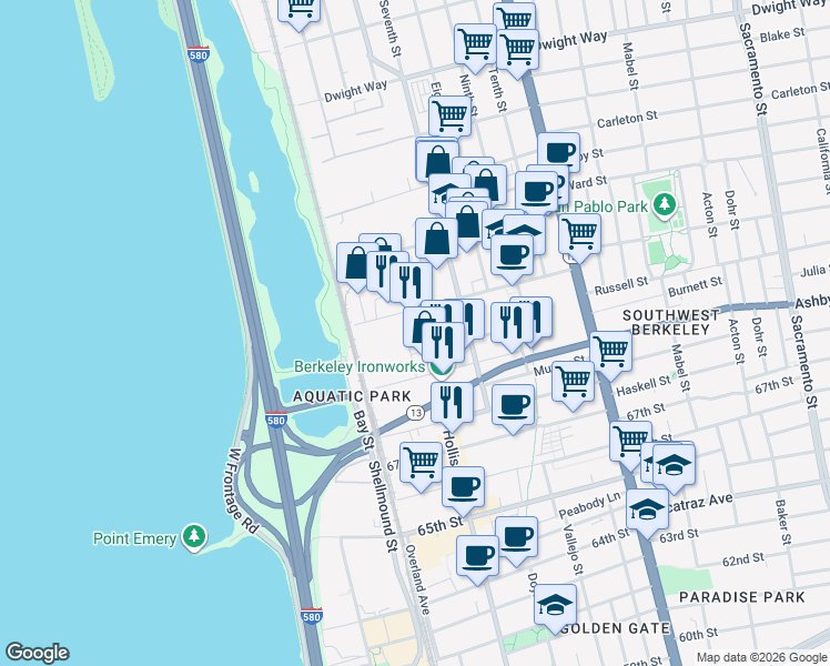 map of restaurants, bars, coffee shops, grocery stores, and more near 804 Heinz Avenue in Berkeley