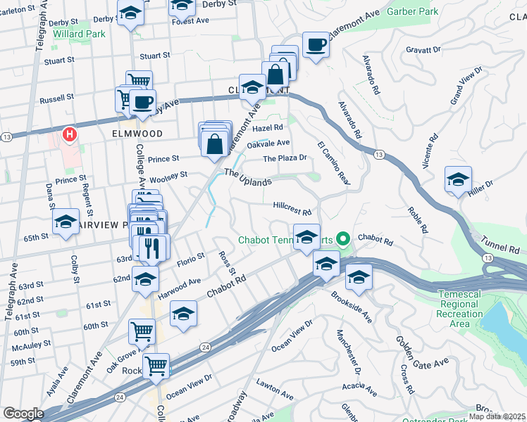 map of restaurants, bars, coffee shops, grocery stores, and more near 97 South Crossways in Oakland