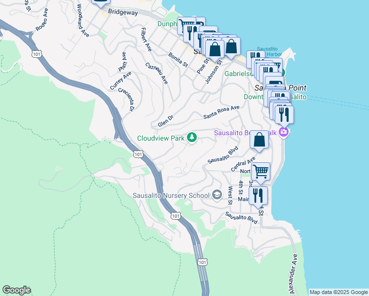 map of restaurants, bars, coffee shops, grocery stores, and more near 80 Cloud View Road in Sausalito