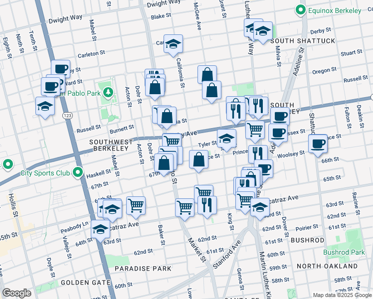 map of restaurants, bars, coffee shops, grocery stores, and more near 1534 Tyler Street in Berkeley