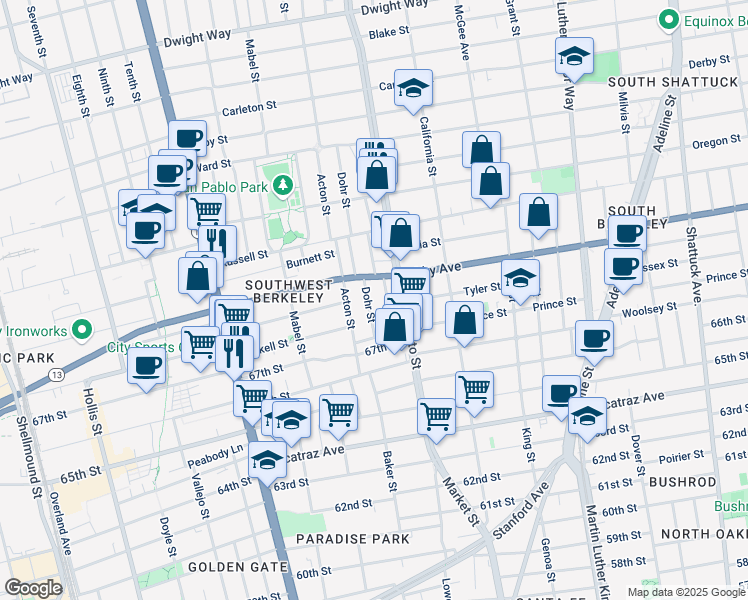 map of restaurants, bars, coffee shops, grocery stores, and more near 3021 Dohr Street in Berkeley