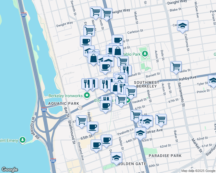 map of restaurants, bars, coffee shops, grocery stores, and more near 2909 Ninth Street in Berkeley