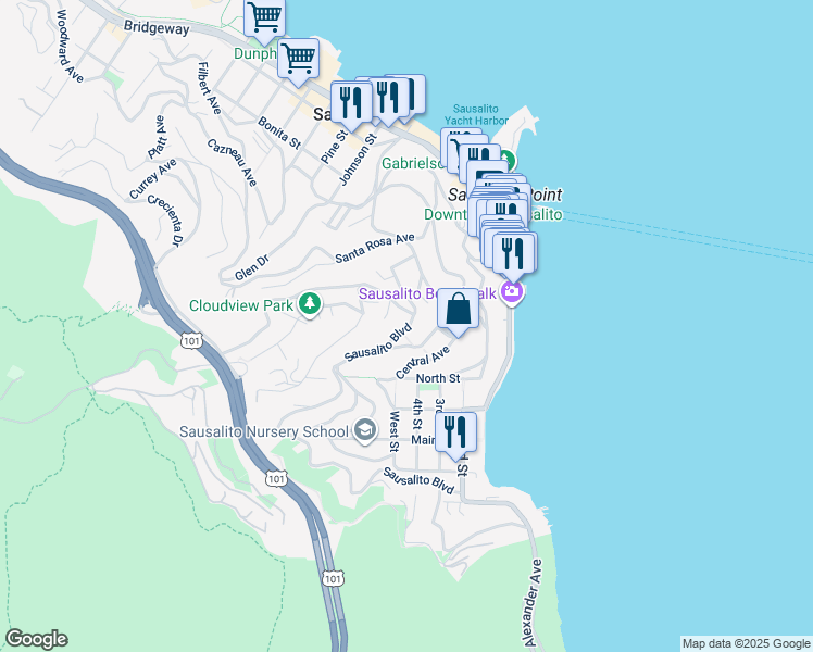 map of restaurants, bars, coffee shops, grocery stores, and more near 694 Sausalito Boulevard in Sausalito