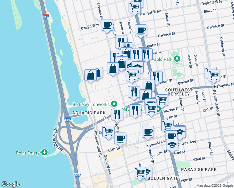map of restaurants, bars, coffee shops, grocery stores, and more near 2910 7th St in Berkeley