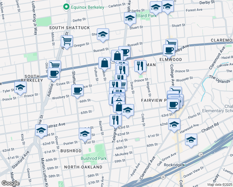 map of restaurants, bars, coffee shops, grocery stores, and more near 6633 Telegraph Avenue in Oakland