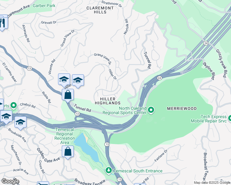 map of restaurants, bars, coffee shops, grocery stores, and more near 61 Starview Drive in Oakland