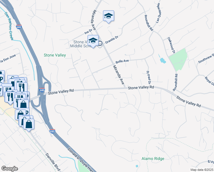 map of restaurants, bars, coffee shops, grocery stores, and more near 1654 Stone Valley Road in Alamo