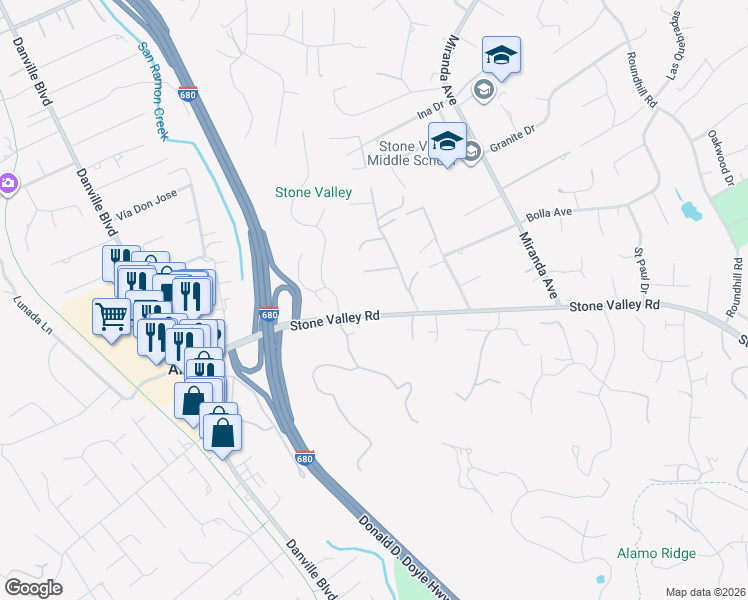 map of restaurants, bars, coffee shops, grocery stores, and more near 1244 Stone Valley Rd in Alamo