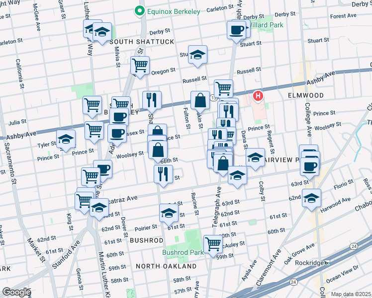 map of restaurants, bars, coffee shops, grocery stores, and more near Woolsey Street in Berkeley