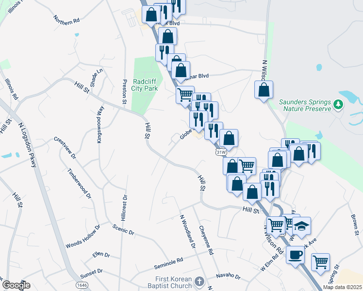 map of restaurants, bars, coffee shops, grocery stores, and more near 238 Globe Street in Radcliff