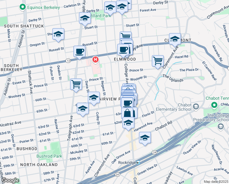map of restaurants, bars, coffee shops, grocery stores, and more near 6442 Hillegass Avenue in Oakland