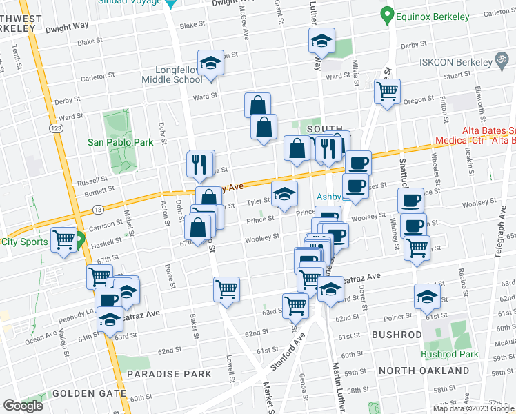 map of restaurants, bars, coffee shops, grocery stores, and more near 1626 Tyler Street in Berkeley
