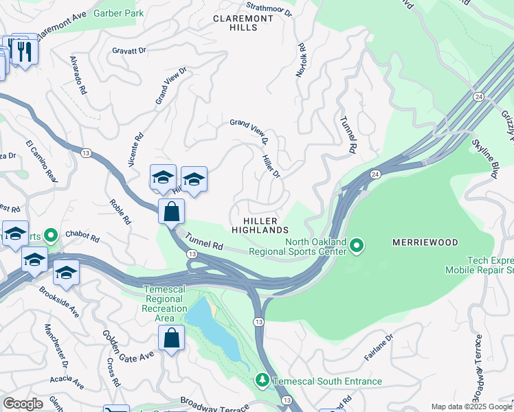 map of restaurants, bars, coffee shops, grocery stores, and more near 555 Hiller Drive in Oakland