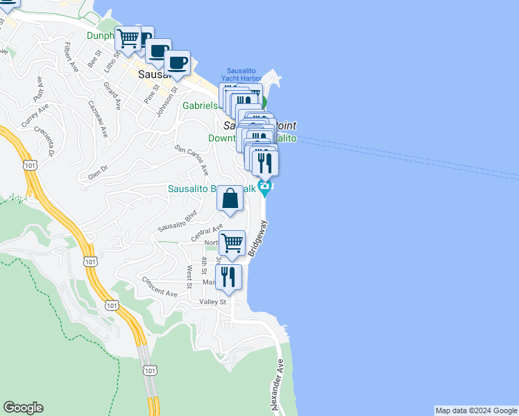 map of restaurants, bars, coffee shops, grocery stores, and more near 503 Bridgeway in Sausalito