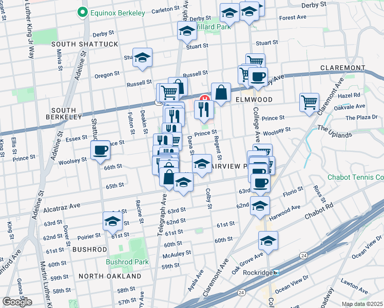map of restaurants, bars, coffee shops, grocery stores, and more near 6633 Dana Street in Oakland