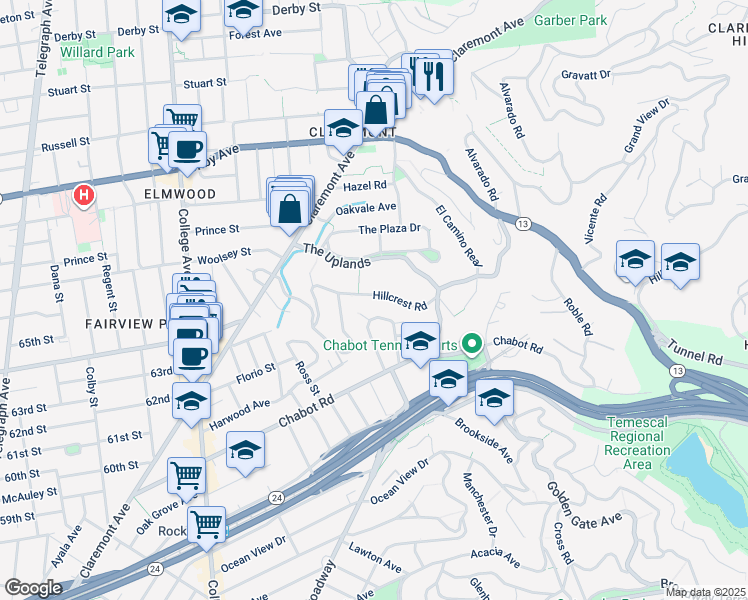 map of restaurants, bars, coffee shops, grocery stores, and more near 170 Hillcrest Road in Berkeley