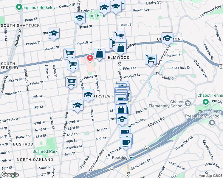 map of restaurants, bars, coffee shops, grocery stores, and more near 6442 Hillegass Avenue in Oakland