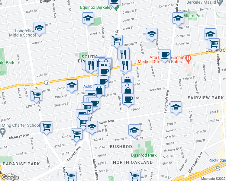map of restaurants, bars, coffee shops, grocery stores, and more near 2000 Prince Street in Berkeley