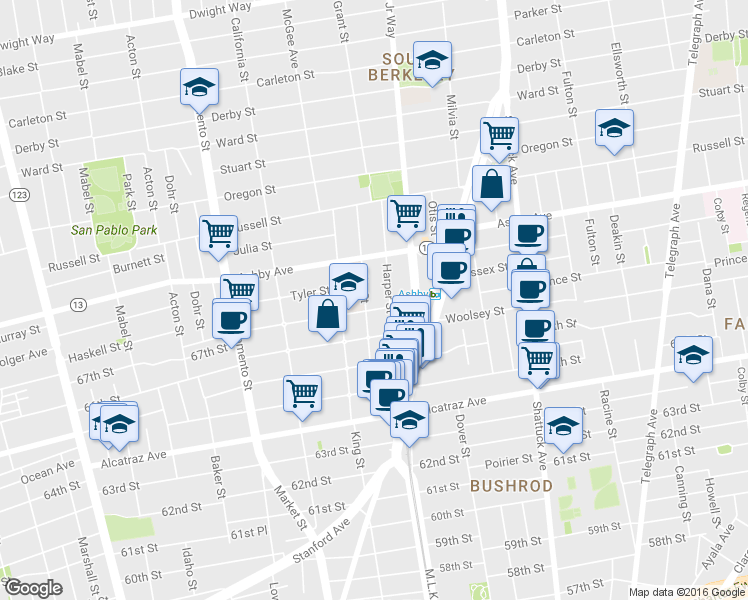 map of restaurants, bars, coffee shops, grocery stores, and more near 1811 Prince Street in Berkeley