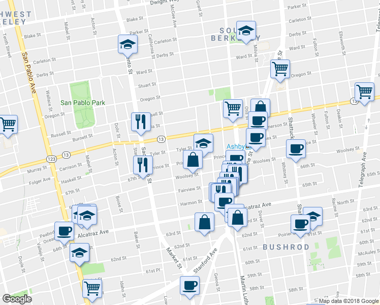 map of restaurants, bars, coffee shops, grocery stores, and more near 1626 Tyler Street in Berkeley