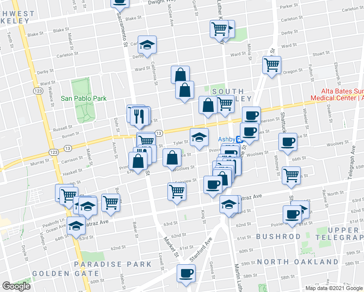 map of restaurants, bars, coffee shops, grocery stores, and more near 1626 Tyler Street in Berkeley