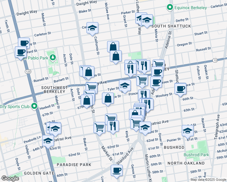 map of restaurants, bars, coffee shops, grocery stores, and more near 1626 Tyler Street in Berkeley