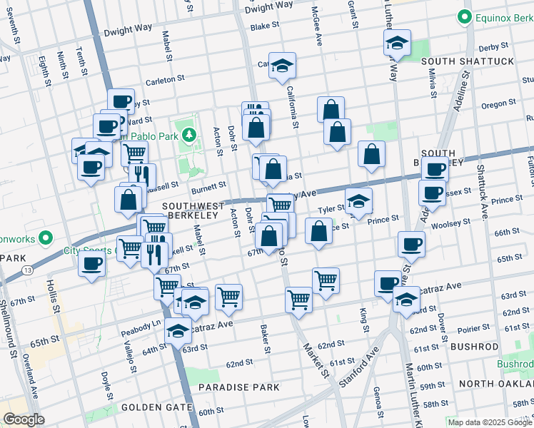 map of restaurants, bars, coffee shops, grocery stores, and more near 3021 Dohr Street in Berkeley