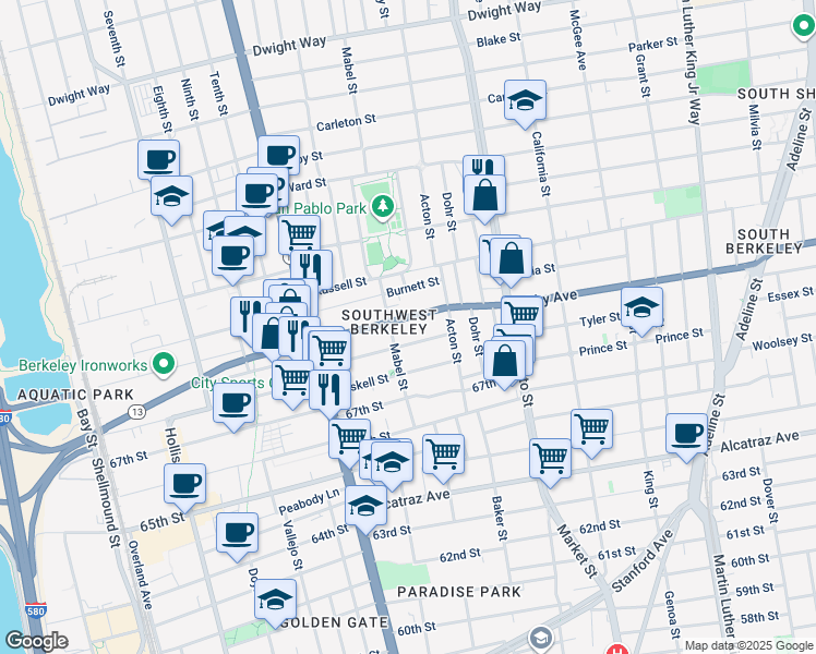 map of restaurants, bars, coffee shops, grocery stores, and more near 1309 Carrison Street in Berkeley