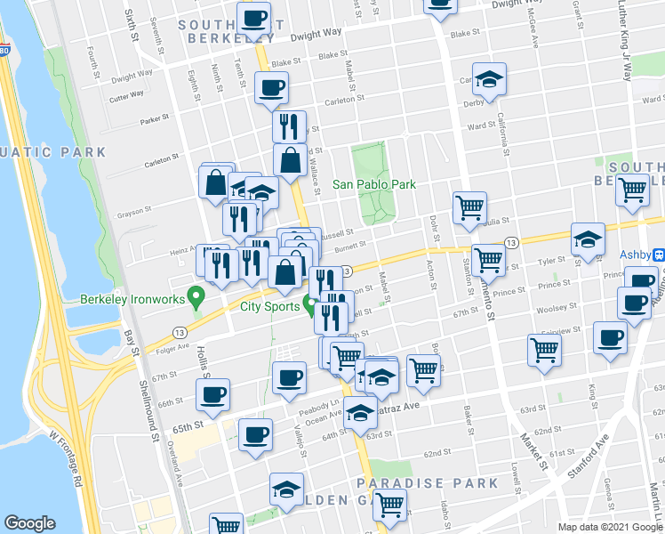 map of restaurants, bars, coffee shops, grocery stores, and more near 1223 Ashby Avenue in Berkeley