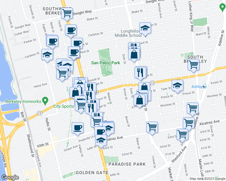 map of restaurants, bars, coffee shops, grocery stores, and more near 1314 Ashby Avenue in Berkeley