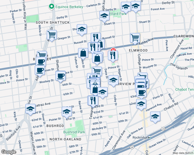 map of restaurants, bars, coffee shops, grocery stores, and more near 6626 Telegraph Avenue in Oakland