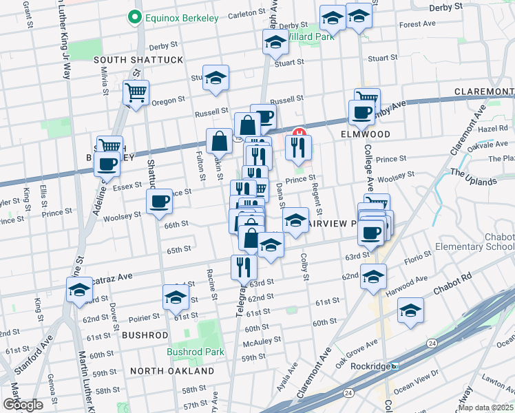 map of restaurants, bars, coffee shops, grocery stores, and more near 6624 Telegraph Avenue in Oakland
