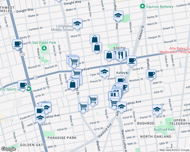 map of restaurants, bars, coffee shops, grocery stores, and more near 1628 Tyler Street in Berkeley