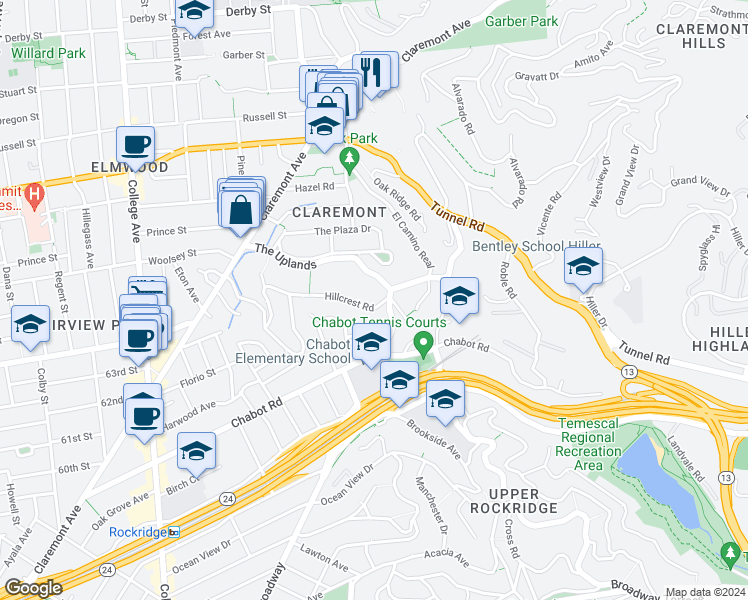 map of restaurants, bars, coffee shops, grocery stores, and more near 217 Hillcrest Road in Berkeley