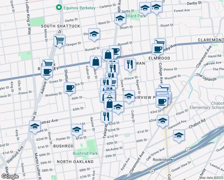 map of restaurants, bars, coffee shops, grocery stores, and more near 6633 Telegraph Avenue in Oakland