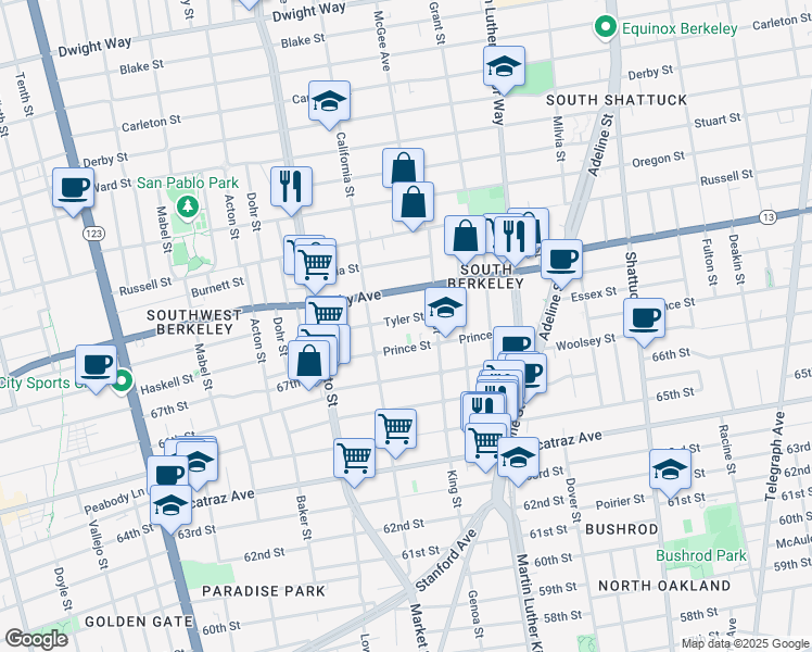 map of restaurants, bars, coffee shops, grocery stores, and more near 1628 Tyler Street in Berkeley