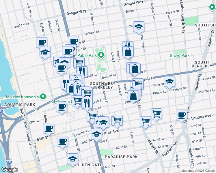 map of restaurants, bars, coffee shops, grocery stores, and more near 1314 Ashby Avenue in Berkeley