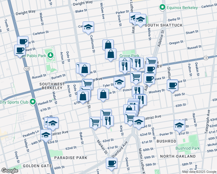 map of restaurants, bars, coffee shops, grocery stores, and more near 1628 Tyler Street in Berkeley