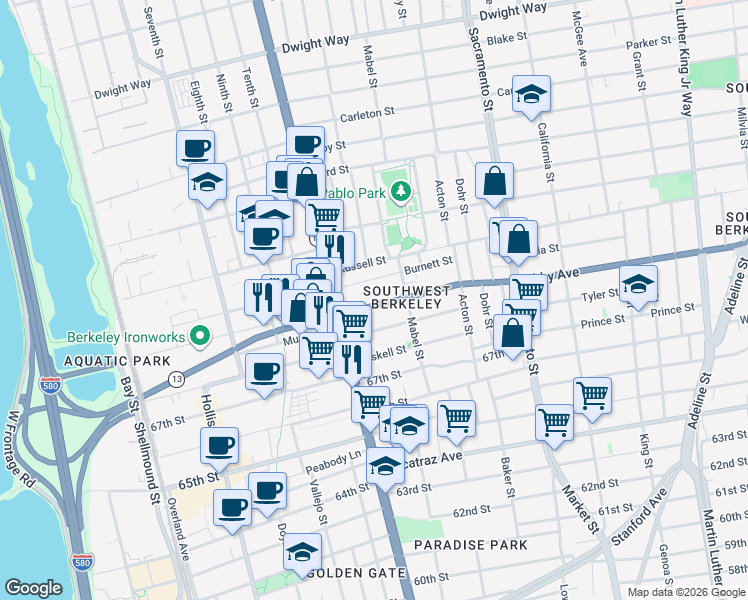map of restaurants, bars, coffee shops, grocery stores, and more near 1237 Ashby Avenue in Berkeley