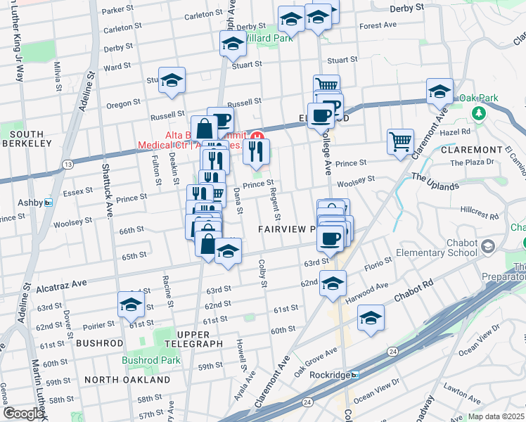 map of restaurants, bars, coffee shops, grocery stores, and more near 6446 Colby Street in Oakland