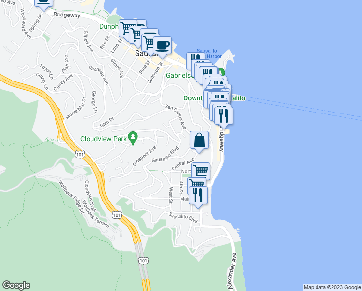 map of restaurants, bars, coffee shops, grocery stores, and more near 694 Sausalito Boulevard in Sausalito