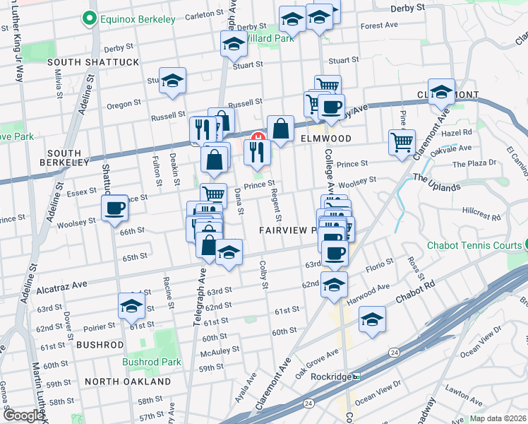 map of restaurants, bars, coffee shops, grocery stores, and more near 6446 Colby Street in Oakland
