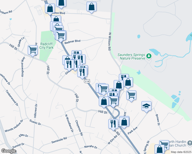 map of restaurants, bars, coffee shops, grocery stores, and more near 133 Mockingbird Drive in Radcliff
