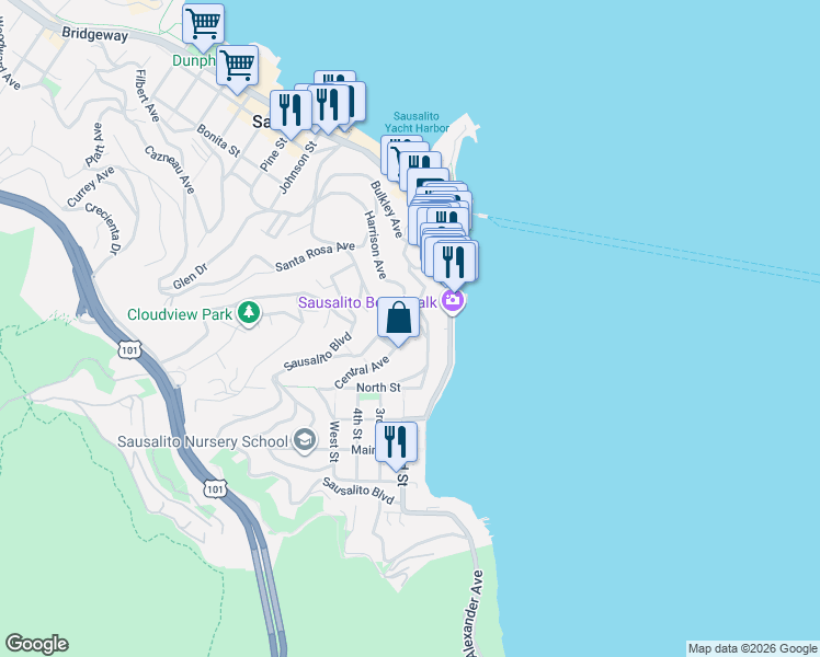 map of restaurants, bars, coffee shops, grocery stores, and more near 42 San Carlos Avenue in Sausalito